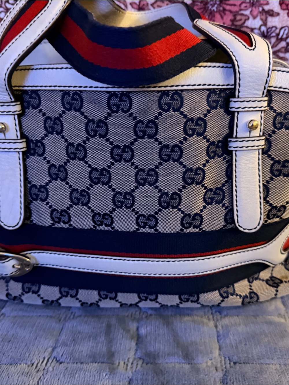 Gucci Navy, White & Red GG Canvas Tote with Web Stripe